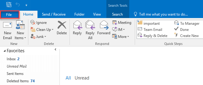Outlook: Fájl menü