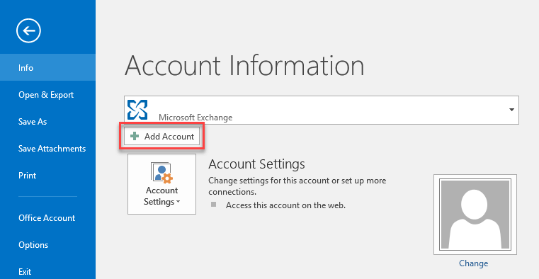 Outlook: Fiók hozzáadása gomb a Fiókadatok alatt
