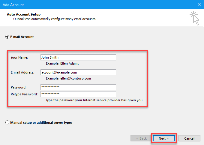 Outlook: név, e-mail cím és jelszó megadása