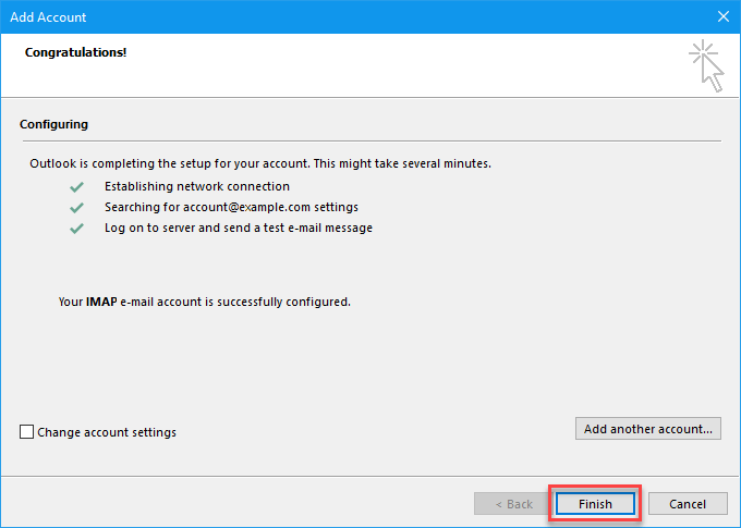 Outlook: a fiók beállítása elkészült