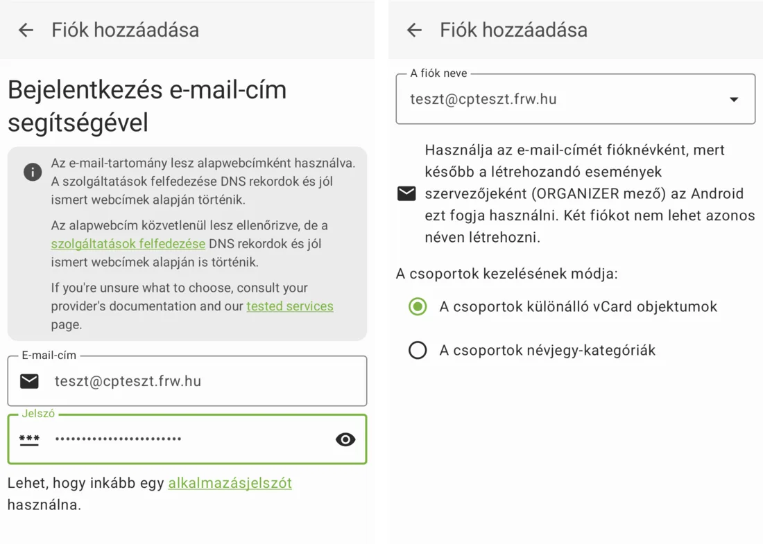 DAVx⁵: Bejelentkezés e-mail-cím segítségével, E-mail-cím és Jelszó mező; A fiók neve teszt@cpteszt.frw.hu, Befejezés gomb