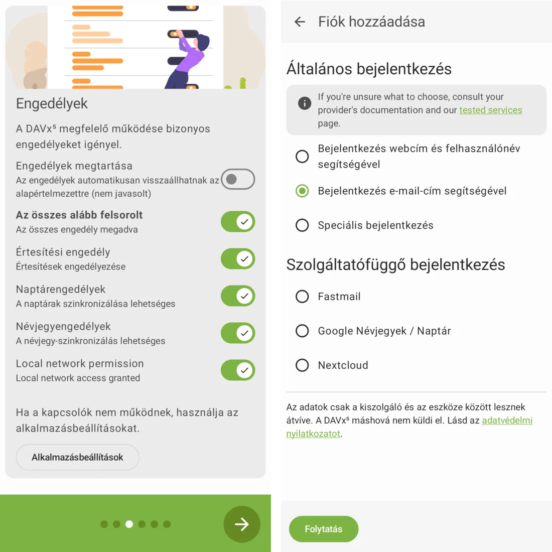 DAVx⁵: az Engedélyek oldal bekapcsolt kapcsolókkal; Fiók hozzáadása, Bejelentkezés e-mail-cím segítségével kiválasztva