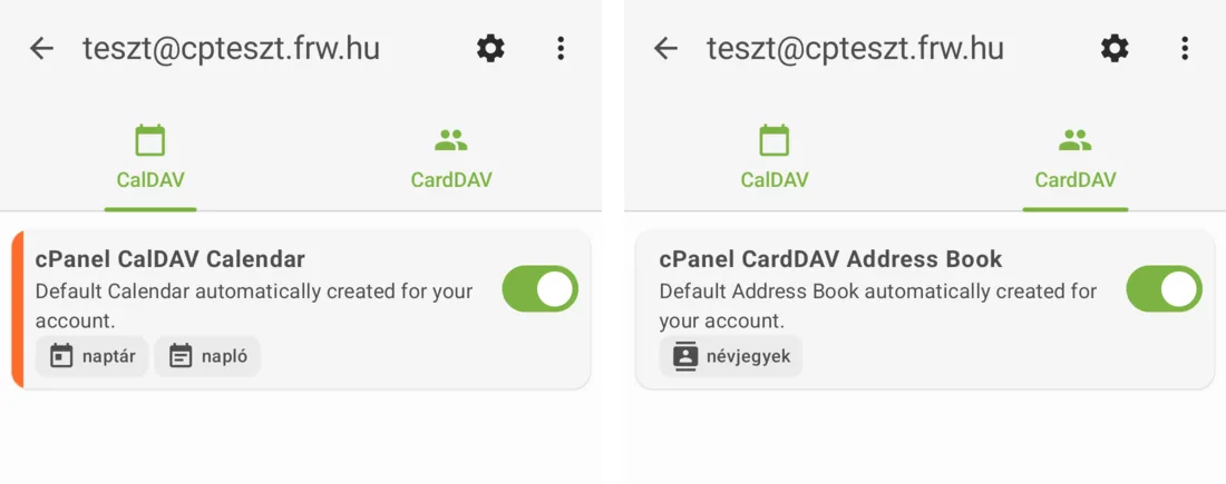 DAVx⁵: a cPanel CalDAV Calendar és a cPanel CardDAV Address Book, mindkét szinkronizálás bekapcsolva