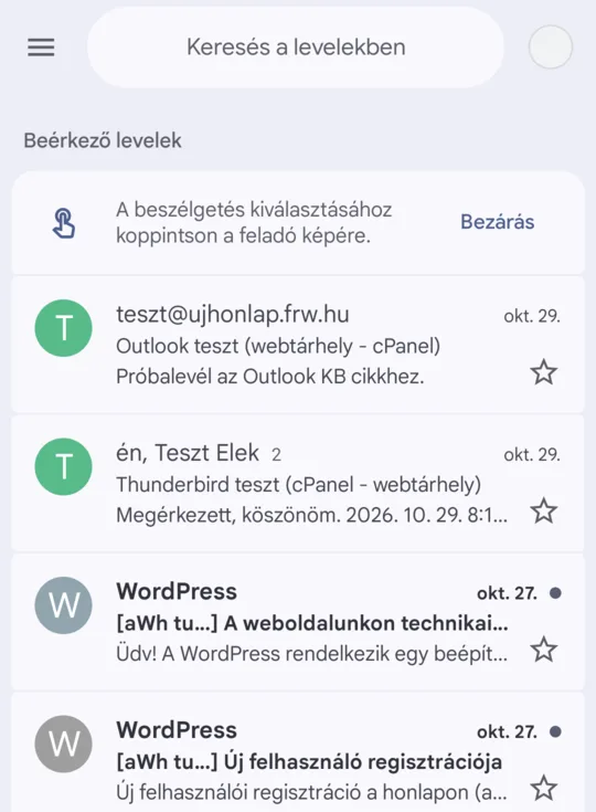 Gmail: Beérkező levelek a postafiók leveleivel