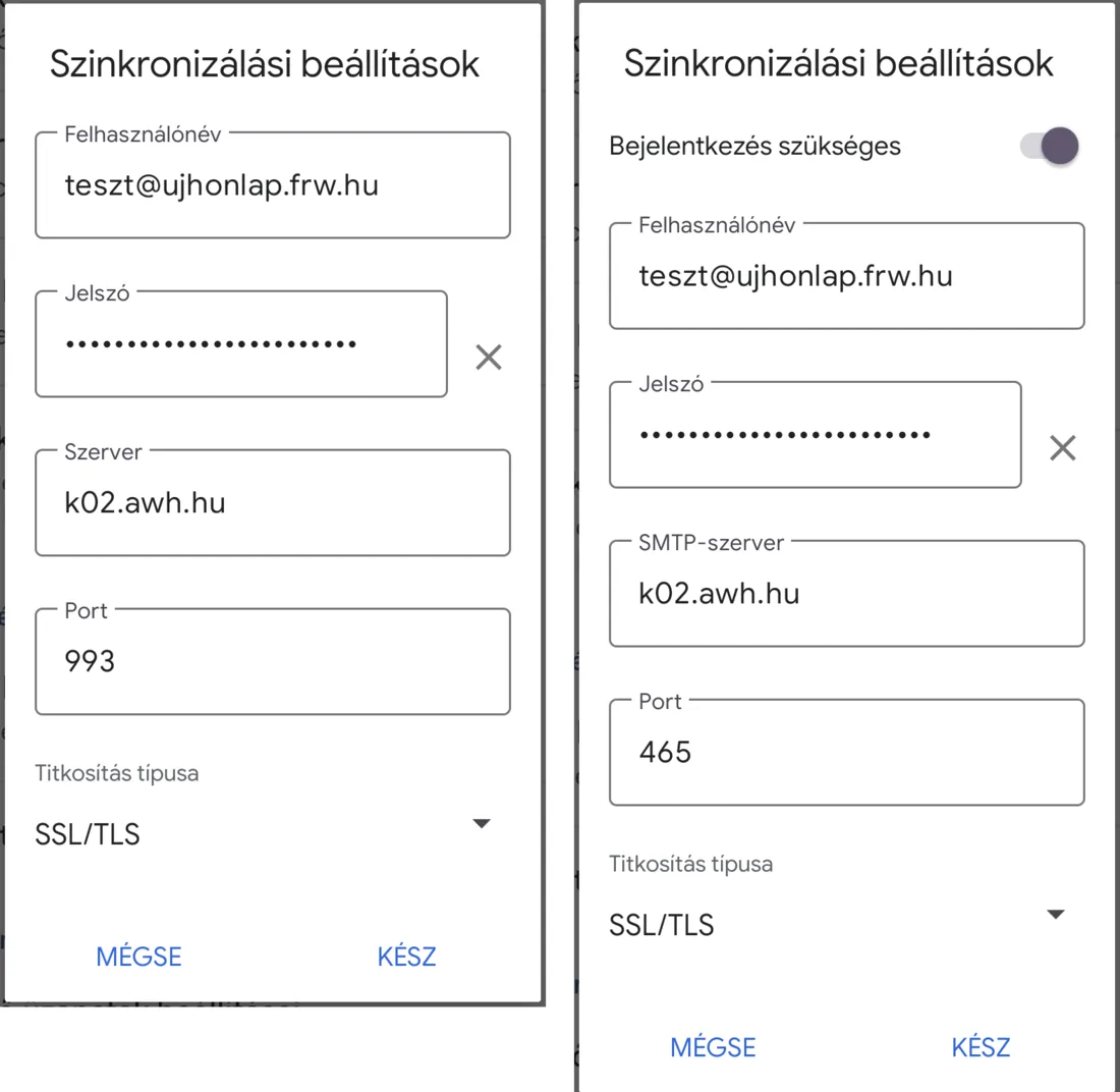 Szinkronizálási beállítások: bejövő szerver k02.awh.hu, port 993, SSL/TLS; kimenő szerver k02.awh.hu, port 465, SSL/TLS