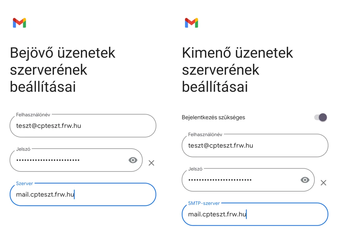 Bejövő és kimenő üzenetek szerverének beállításai cPanel tárhelyen: mindkét szerver mail.cpteszt.frw.hu