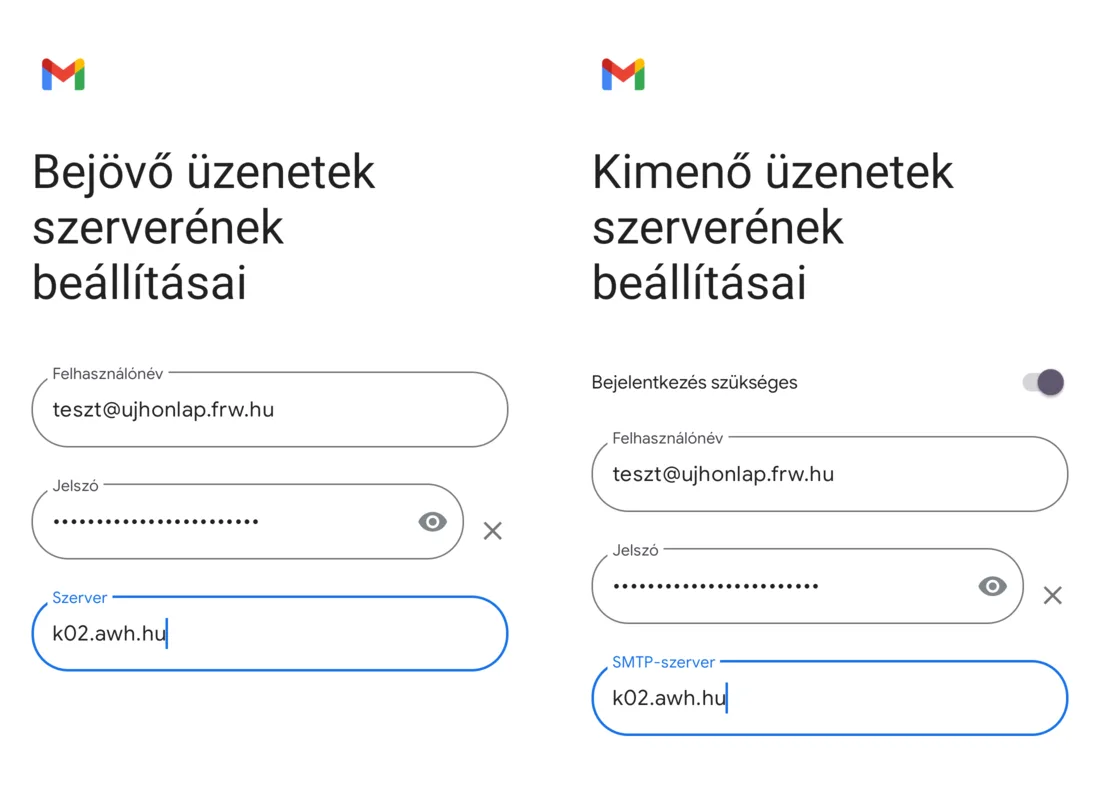 Bejövő és kimenő üzenetek szerverének beállításai webtárhelyen: mindkét szerver k02.awh.hu