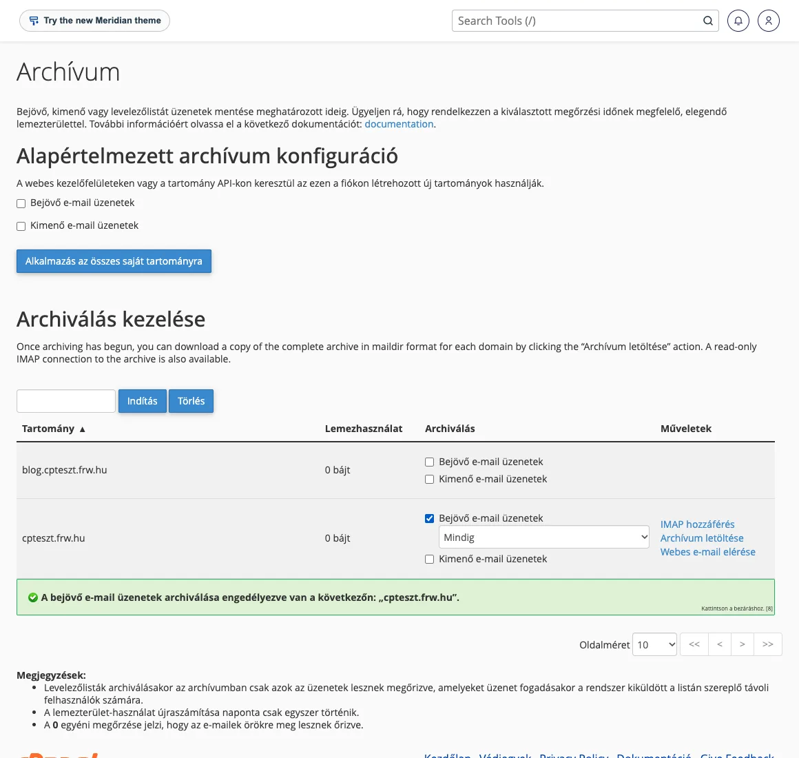 cPanel Archívum: Archiválás kezelése, bejövő levelek archiválása megőrzési idővel