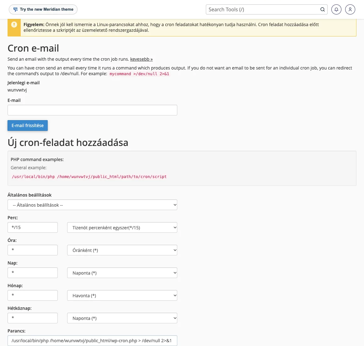 cPanel Cron-feladatok: új feladat hozzáadása