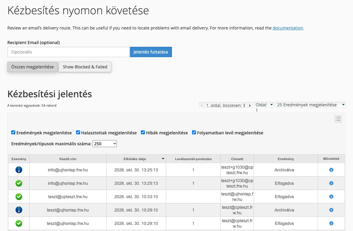 cPanel Kézbesítés nyomon követése: a kereső, a szűrő jelölőnégyzetek és a Kézbesítési jelentés táblázata