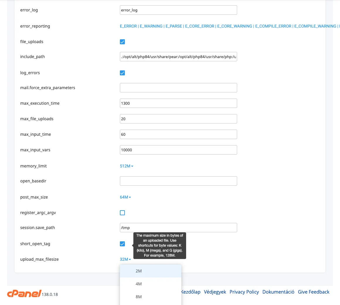 PHP Selector Beállítások: upload_max_filesize érték kiválasztása