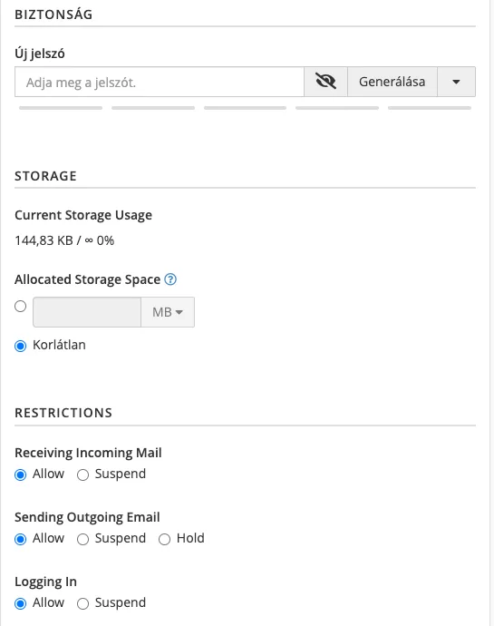cPanel postafiók kezelése: a BIZTONSÁG rész Új jelszó mezője és a RESTRICTIONS rész a Sending Outgoing Email sorral