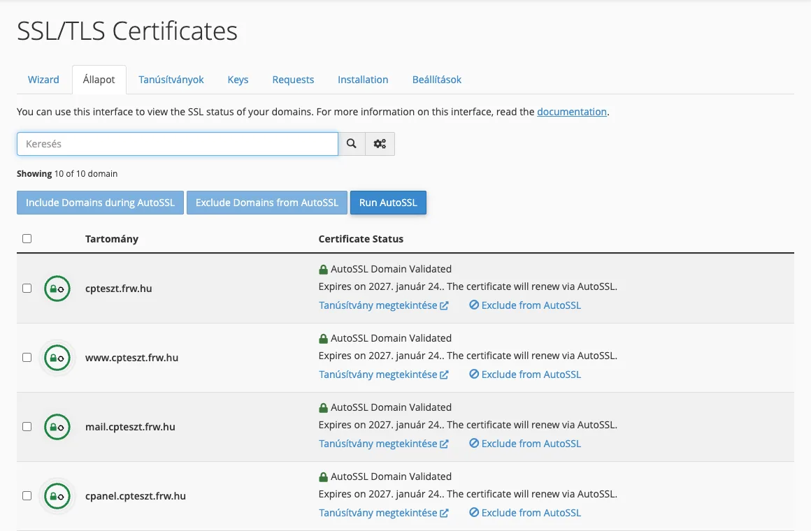 SSL/TLS Certificates, Állapot fül: AutoSSL tanúsítványok és a Run AutoSSL gomb