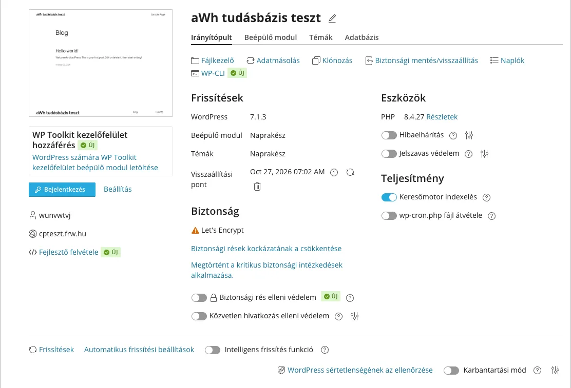 A WP Toolkit adatlapja a Bejelentkezés gombbal és a Beállítás linkkel