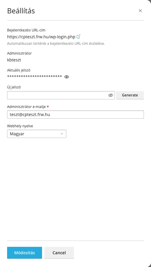 A WP Toolkit Beállítás ablaka a bejelentkezési címmel, az adminisztrátorral és az Új jelszó mezővel