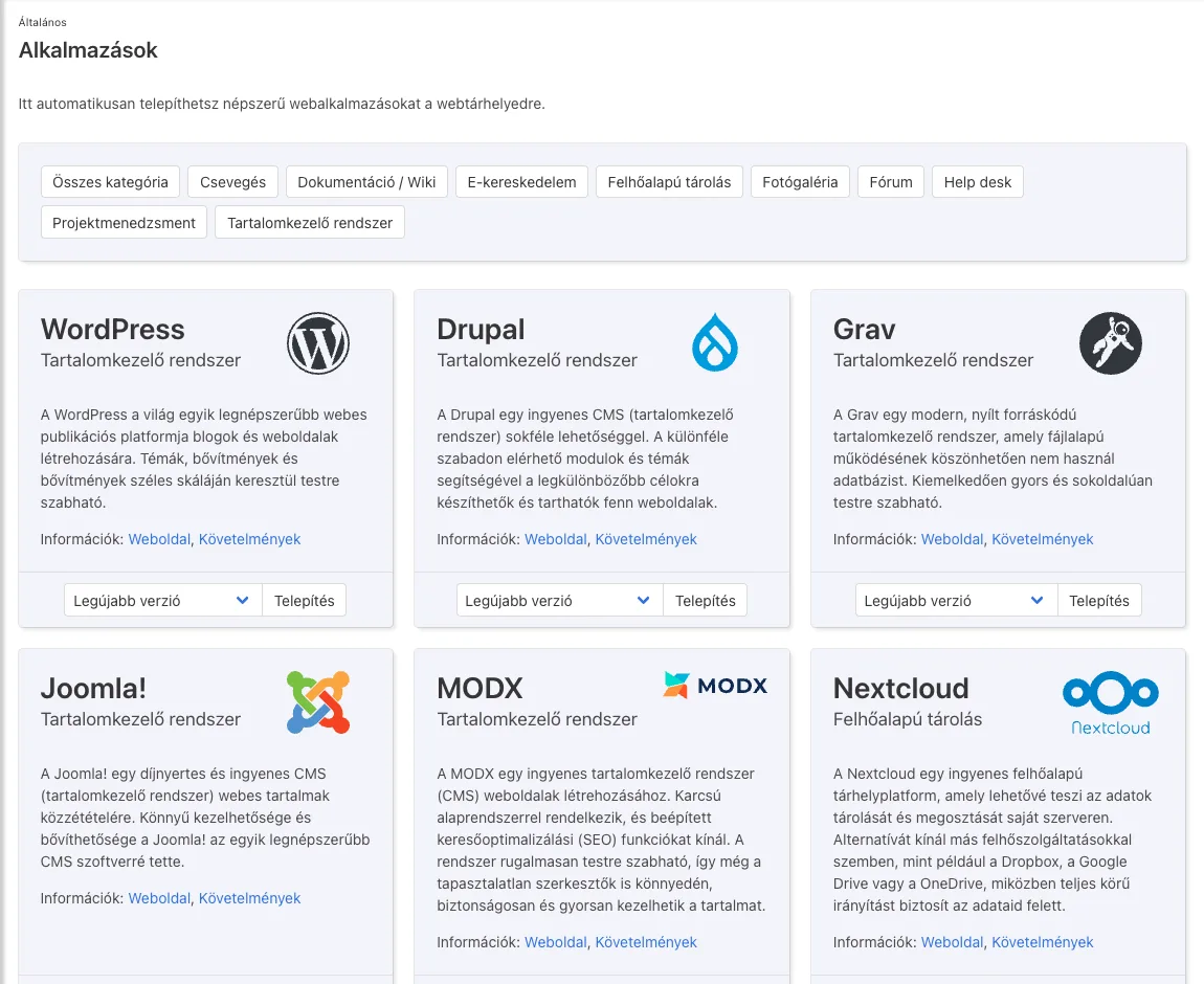 KeyHelp Alkalmazások: telepíthető webalkalmazások kategóriák szerint