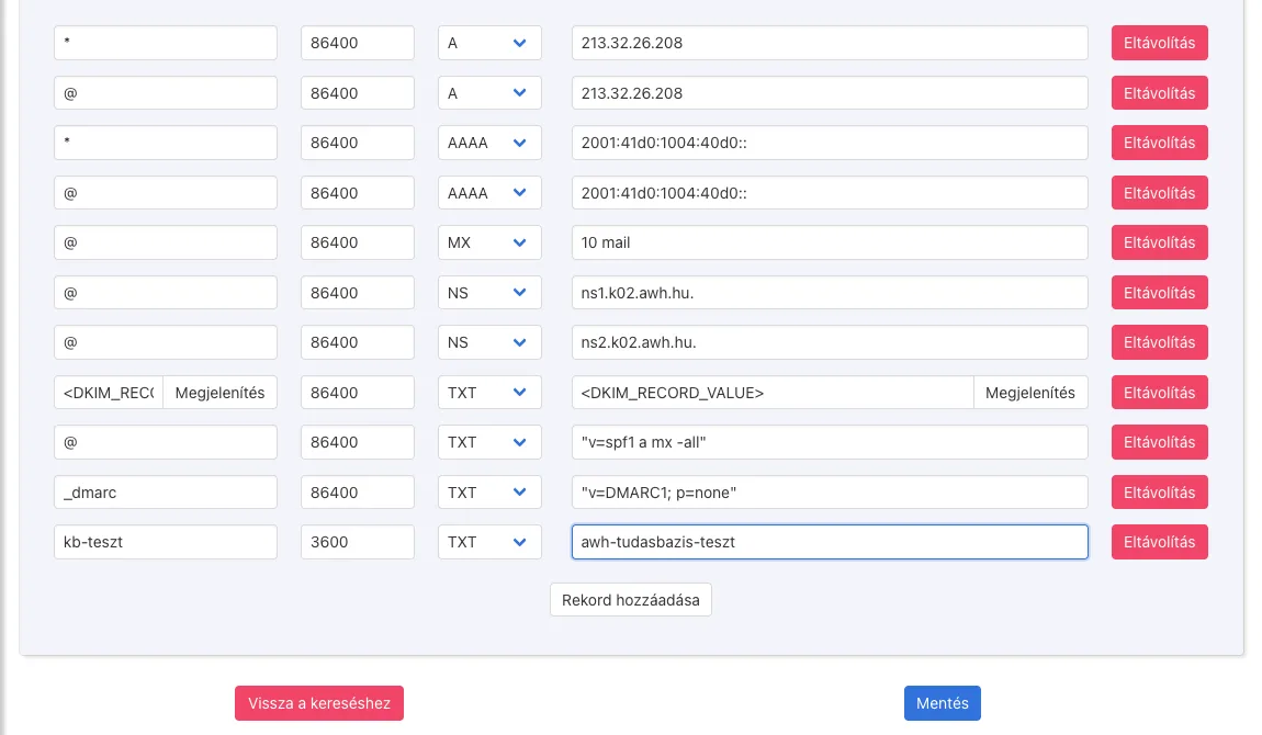 KeyHelp DNS szerkesztő: rekordok soronként, a lista végén egy új TXT rekorddal