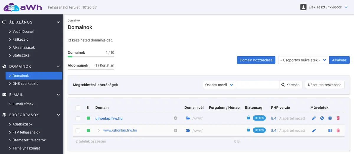 KeyHelp Domainok lista: domain cél, biztonság, PHP verzió és a műveletek ikonjai