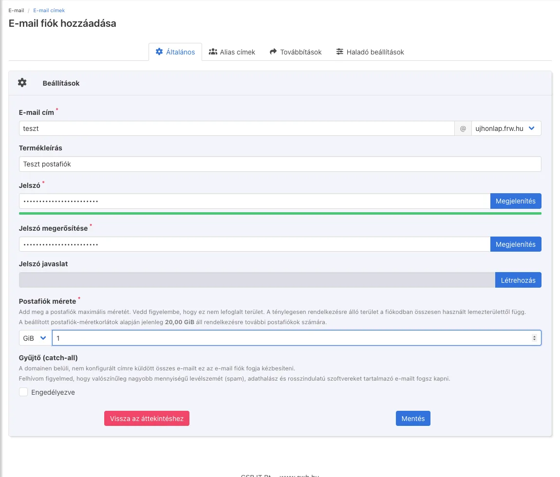 E-mail fiók hozzáadása: az Általános fül mezői