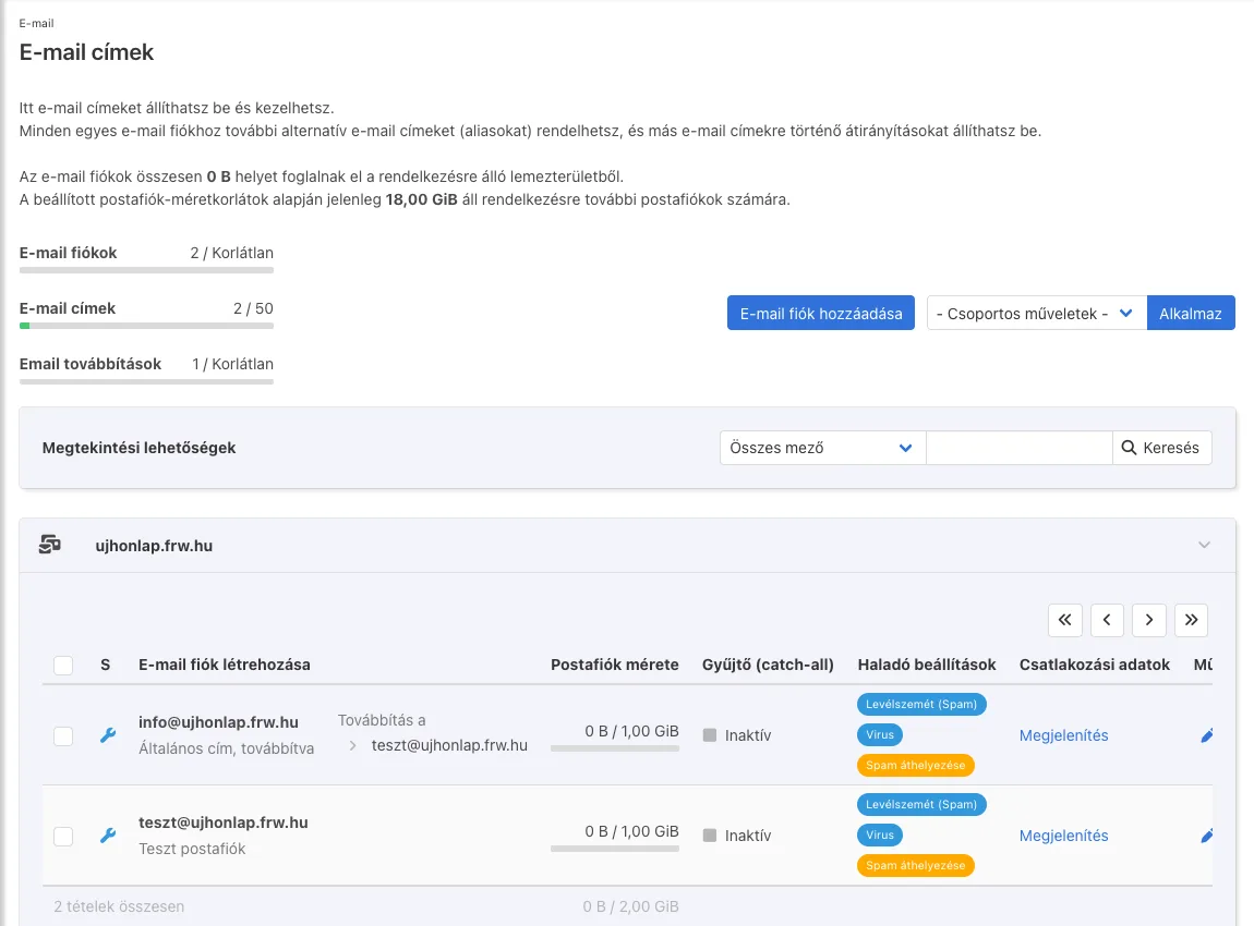 E-mail címek lista: postafiókok, továbbítás és védelmi beállítások
