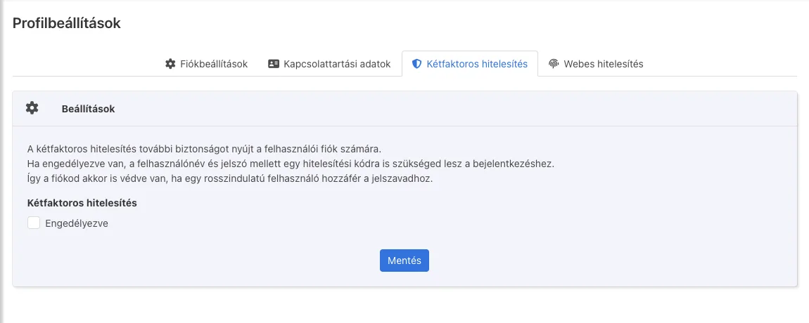 Profilbeállítások, Kétfaktoros hitelesítés fül