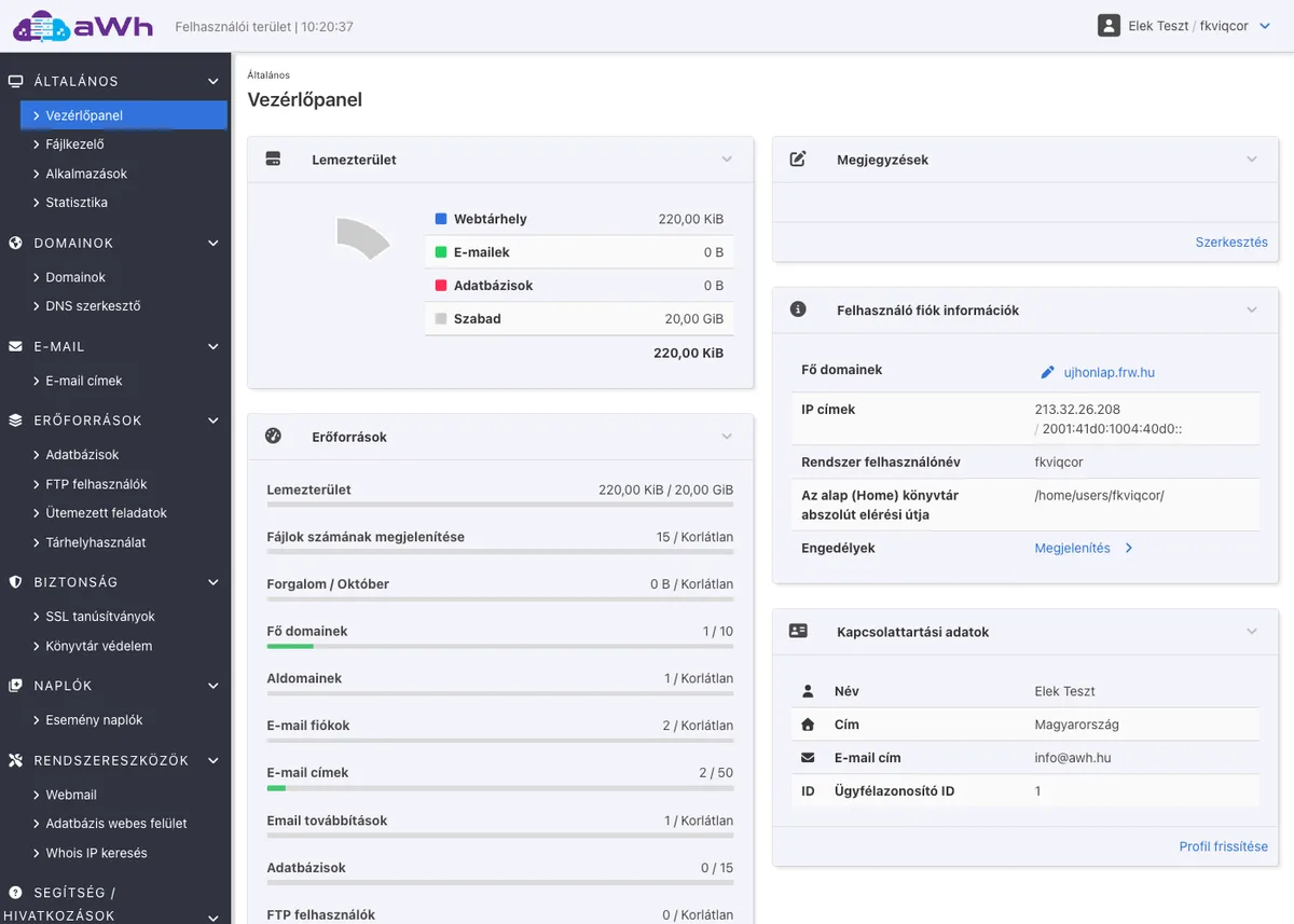 KeyHelp Vezérlőpanel: erőforrások és a bal oldali menü