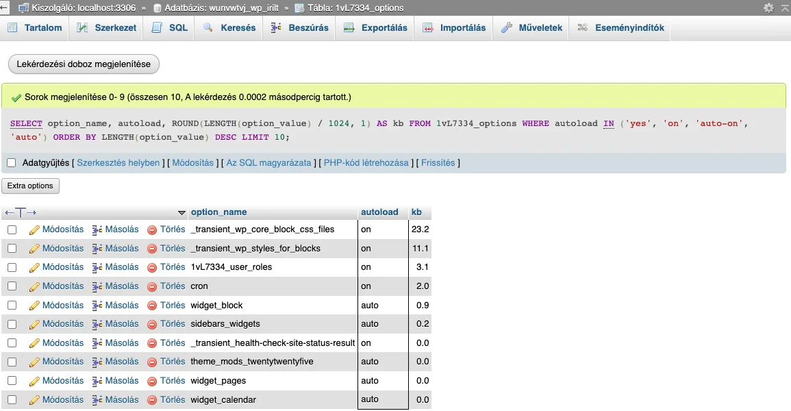 phpMyAdmin: a legnagyobb automatikusan betöltött beállítások a wp_options táblában