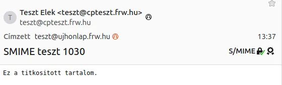 Thunderbird: a visszafejtett levél a tárggyal, jobb oldalon az S/MIME felirat a titkosítás és az aláírás ikonjával