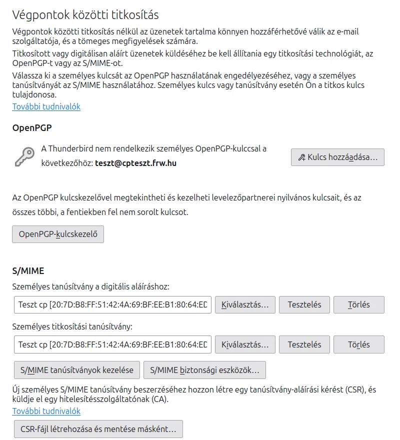 Thunderbird Végpontok közötti titkosítás oldala: OpenPGP Kulcs hozzáadása gomb, S/MIME személyes tanúsítványok a Kiválasztás, Tesztelés és Törlés gombokkal