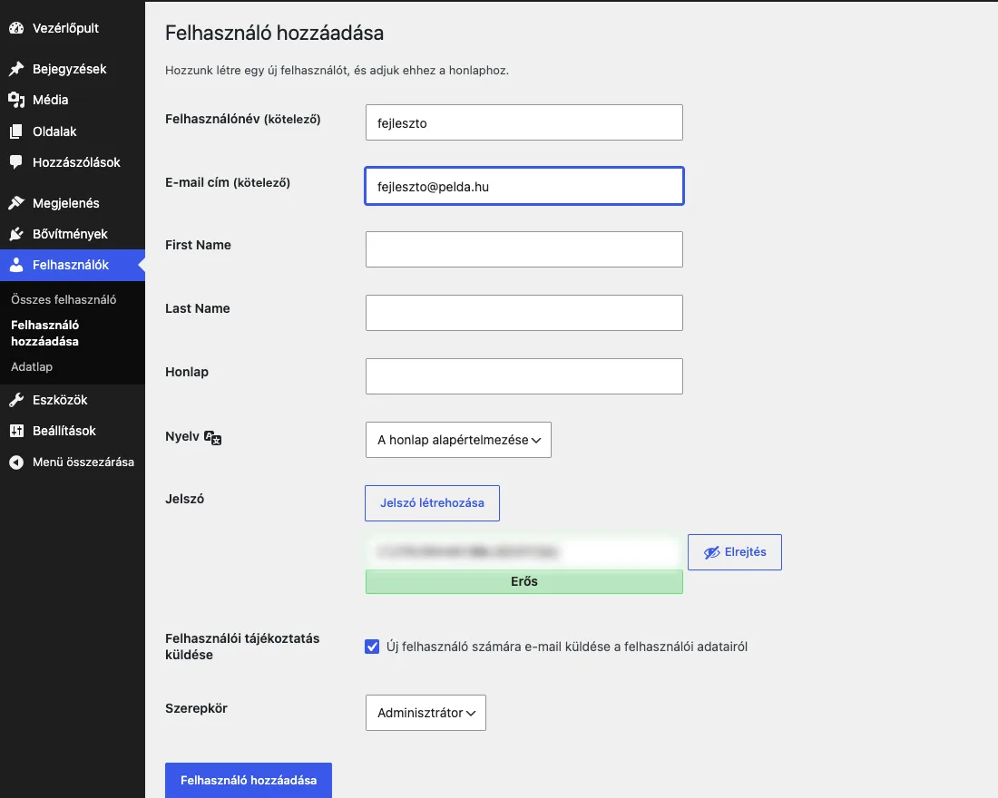 A WordPress Felhasználó hozzáadása oldala a felhasználónévvel, e-mail címmel és a szerepkörrel